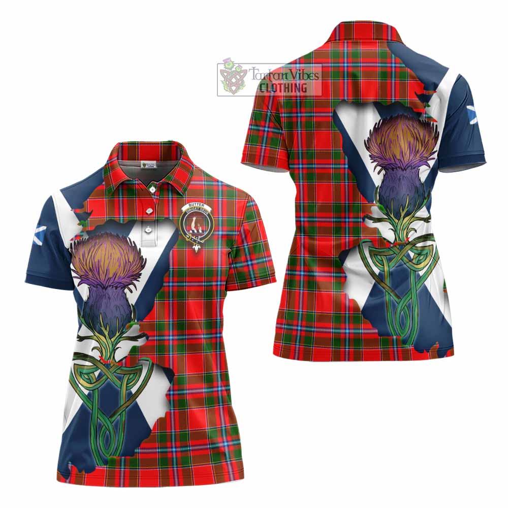 Tartan Vibes Clothing Butter Tartan Family Crest Women's Polo Shirt Scottish Thistle Celtic Inspired