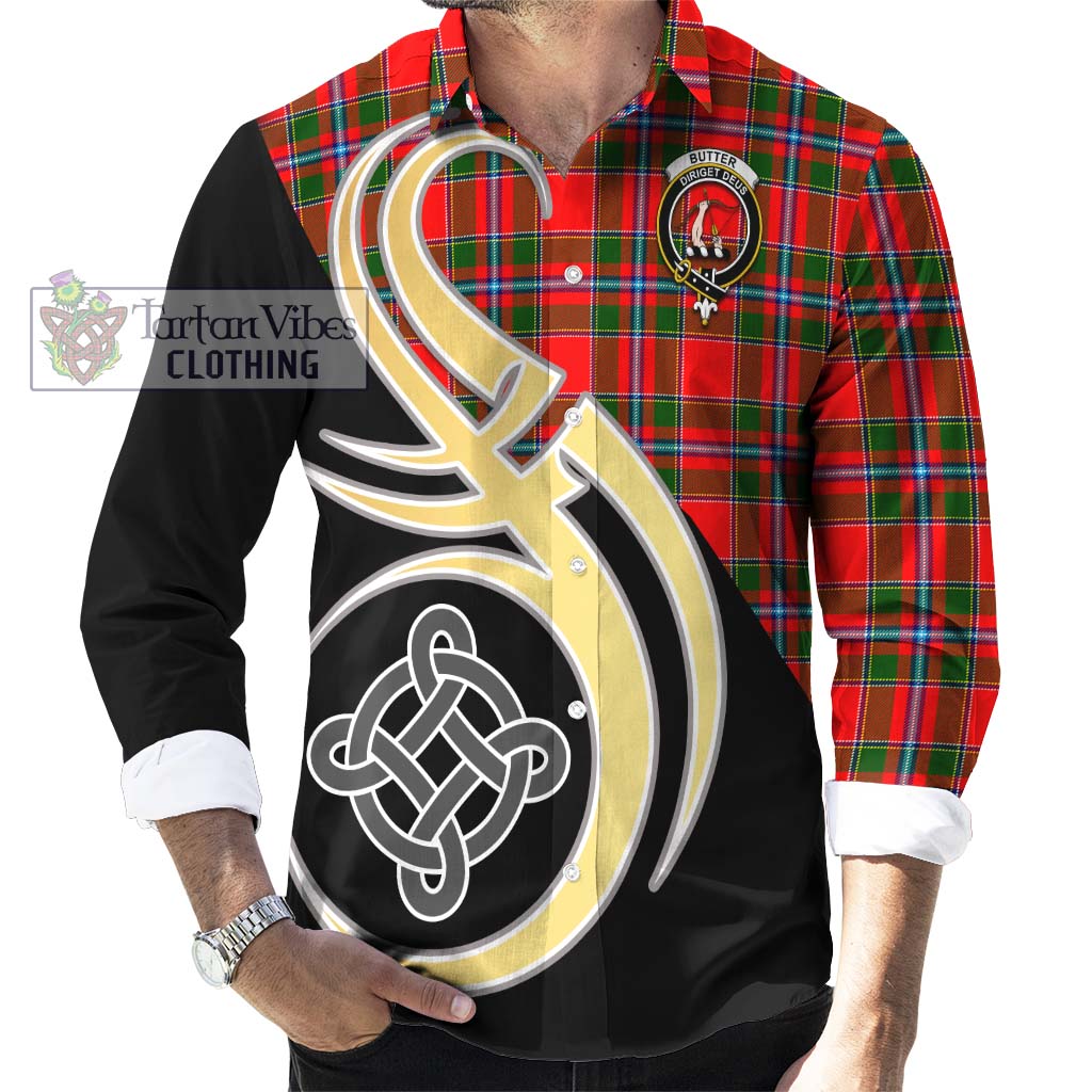 Butter Tartan Long Sleeve Button Shirt with Family Crest and Celtic Symbol Style - Tartan Vibes Clothing