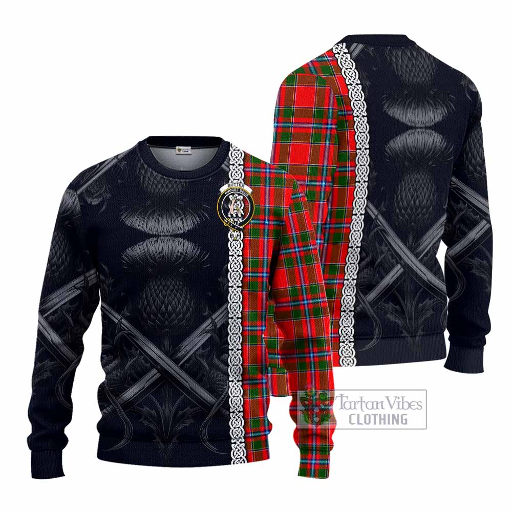 Butter Tartan Knitted Sweater with Family Crest Cross Sword Thistle Celtic Vibes - Tartan Vibes Clothing