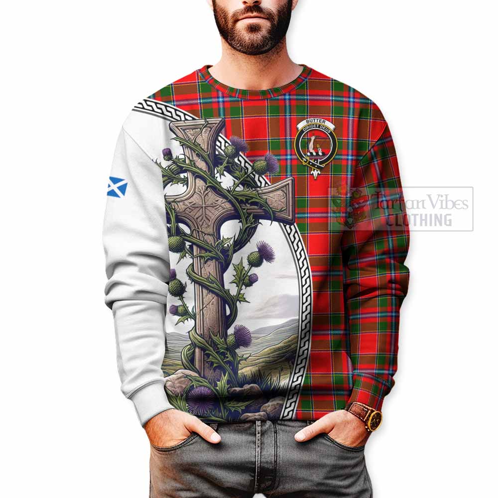 Butter Tartan Sweatshirt with Family Crest and St. Andrew's Cross Accented by Thistle Vines - Tartan Vibes Clothing