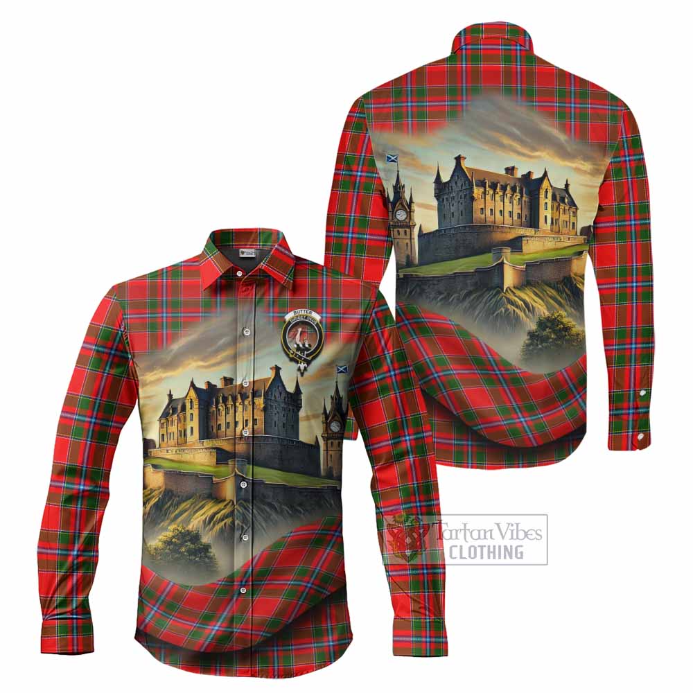 Tartan Vibes Clothing Butter Tartan Family Crest Long Sleeve Button Shirt with Scottish Ancient Castle Style