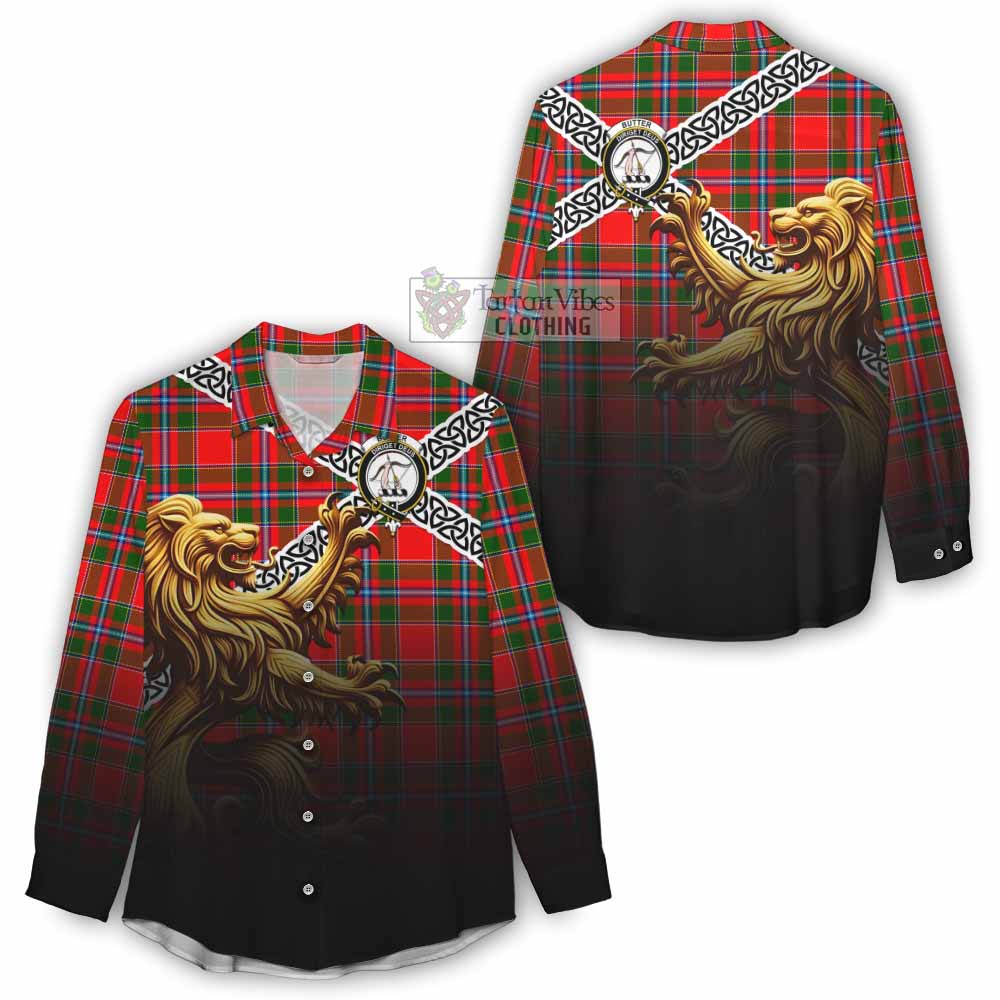 Tartan Vibes Clothing Butter Crest Tartan Women's Casual Shirt with Golden Lion Emblem Celtic Style