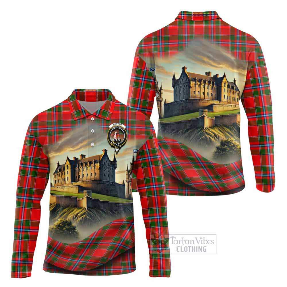 Butter Tartan Family Crest Long Sleeve Polo Shirt with Scottish Ancient Castle Style - Tartan Vibes Clothing