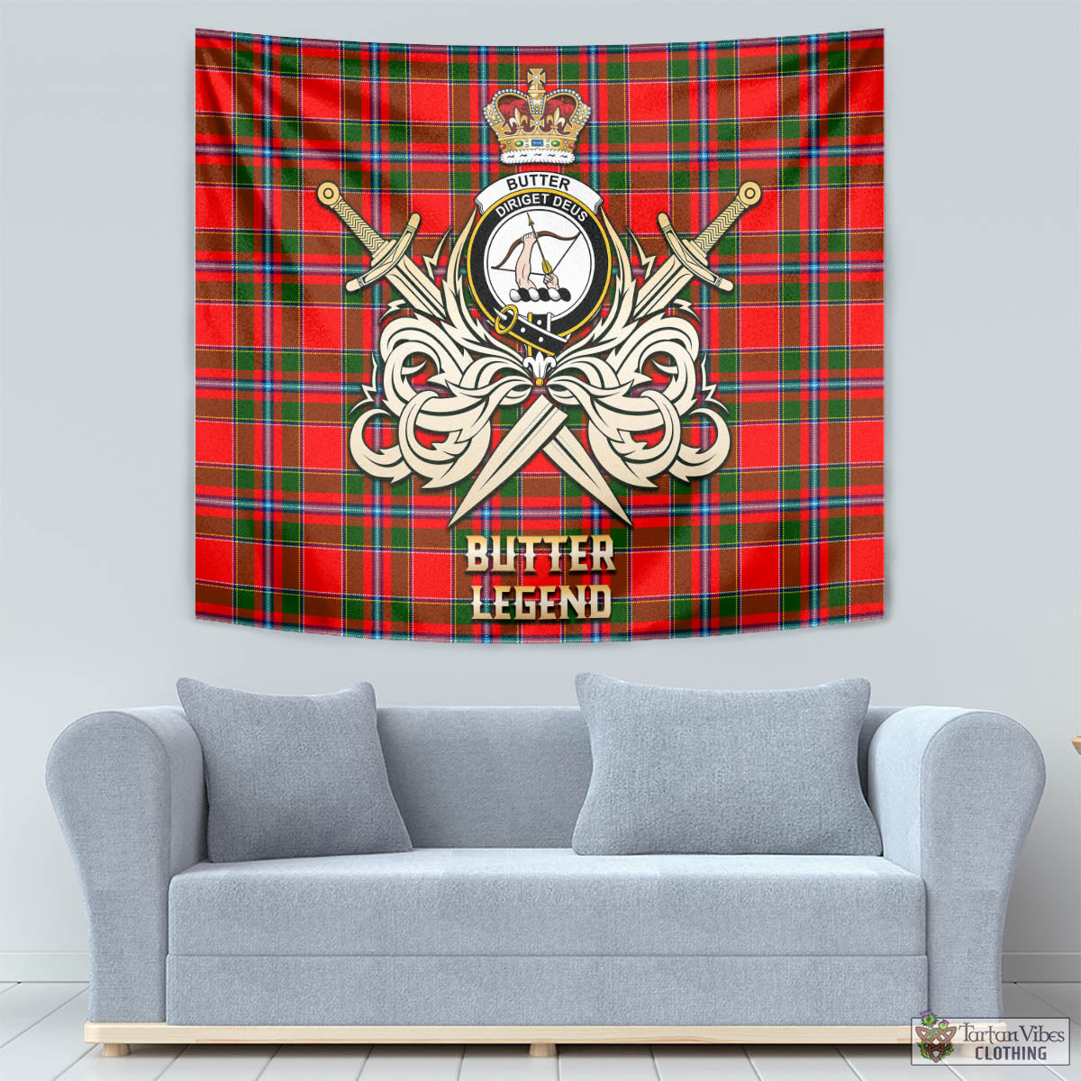 Tartan Vibes Clothing Butter Tartan Tapestry with Clan Crest and the Golden Sword of Courageous Legacy