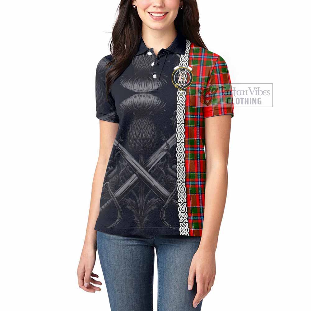 Tartan Vibes Clothing Butter Tartan Women's Polo Shirt with Family Crest Cross Sword Thistle Celtic Vibes