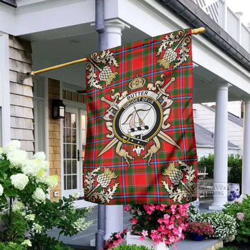 Tartan Vibes Clothing Butter Tartan Flag with Family Crest and Golden Thistle Crossed Sword Design