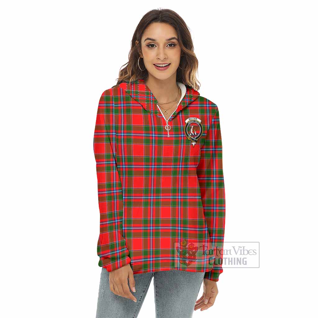 Butter Tartan Women's Borg Fleece Hoodie with Half Zip with Family Crest - Tartan Vibes Clothing