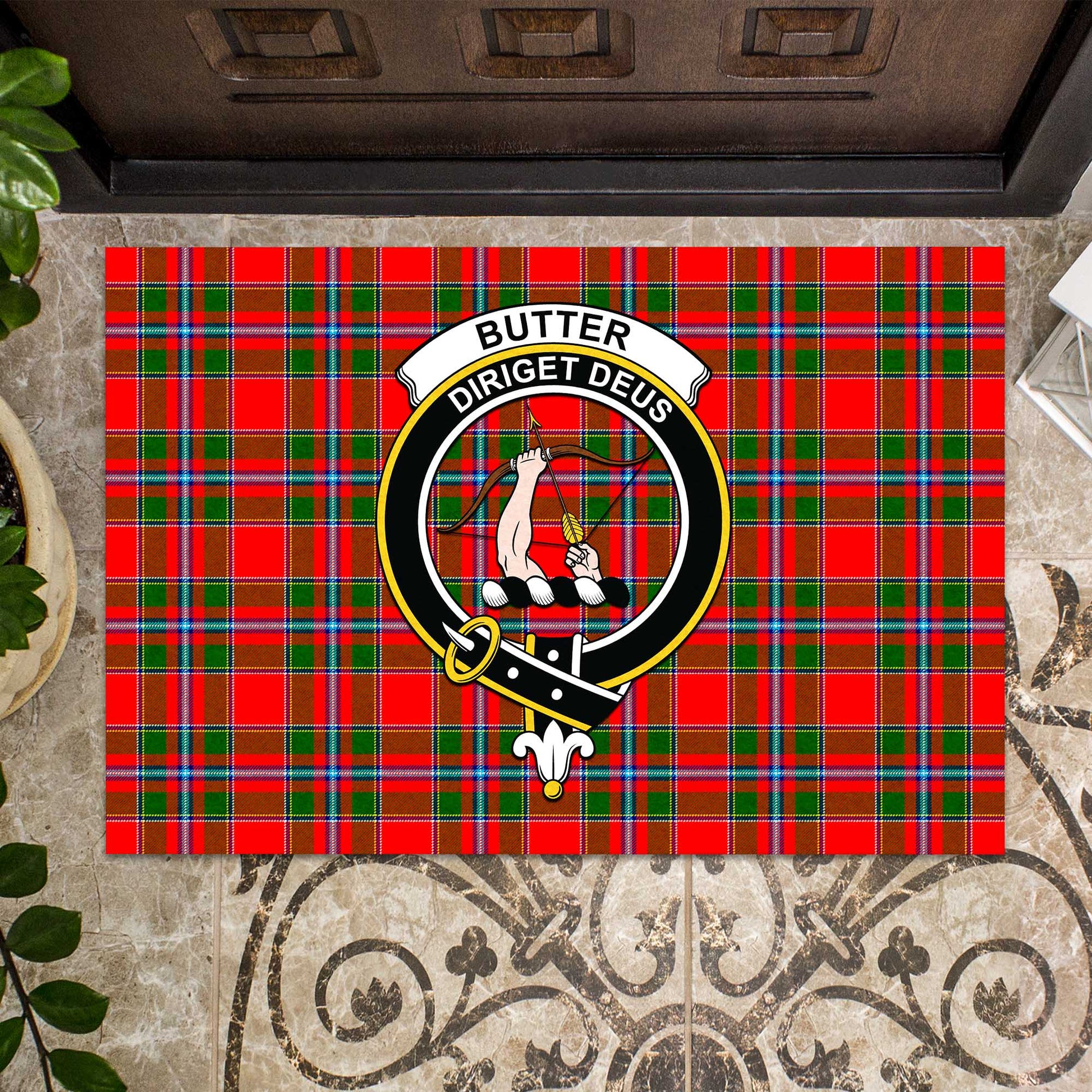 Butter Tartan Door Mat with Family Crest - Tartanvibesclothing