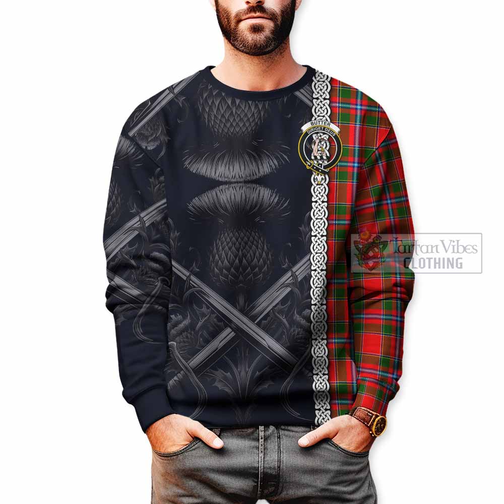 Butter Tartan Sweatshirt with Family Crest Cross Sword Thistle Celtic Vibes - Tartan Vibes Clothing