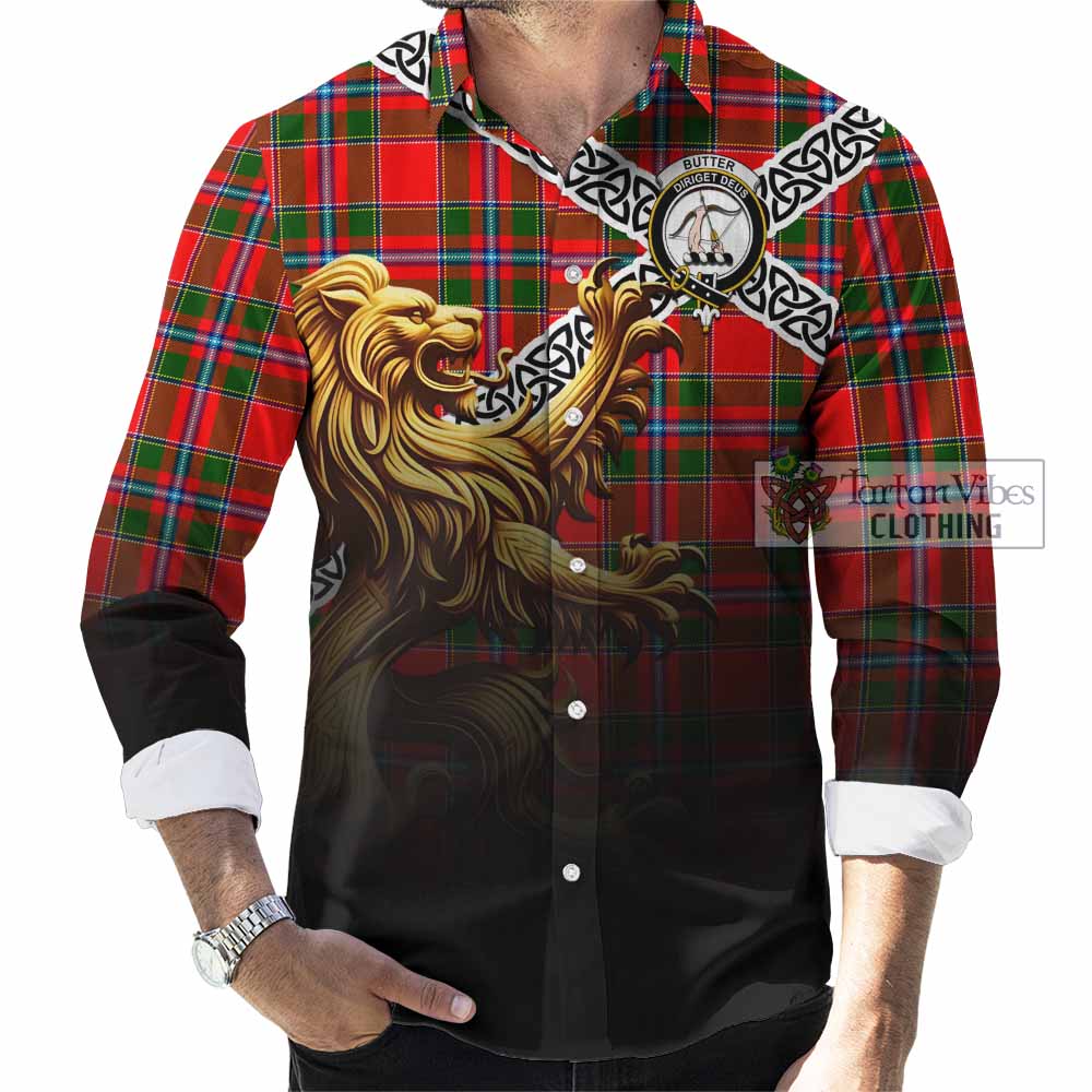 Butter Crest Tartan Long Sleeve Button Shirt with Golden Lion Emblem Celtic Style - Tartan Vibes Clothing