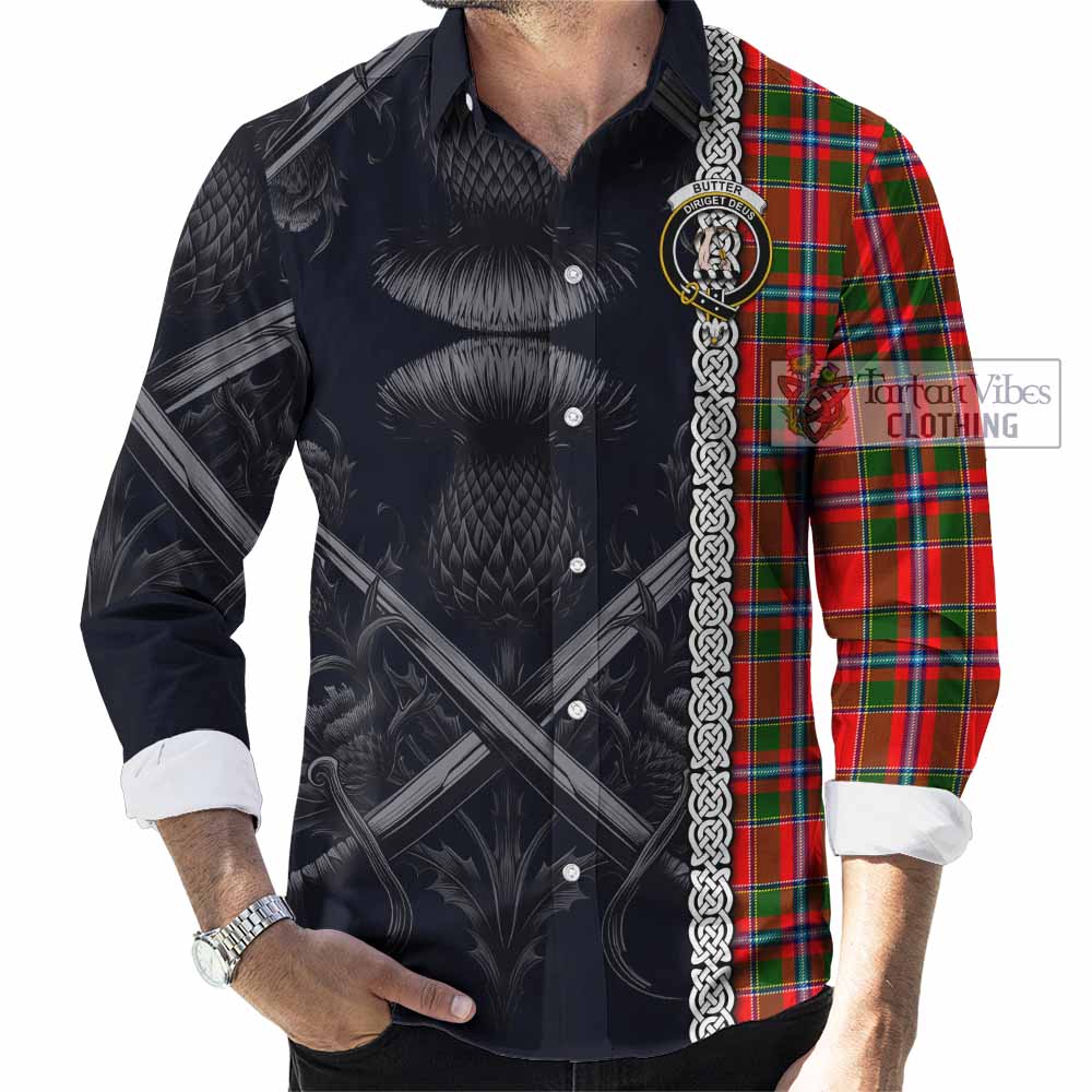 Tartan Vibes Clothing Butter Tartan Long Sleeve Button Shirt with Family Crest Cross Sword Thistle Celtic Vibes