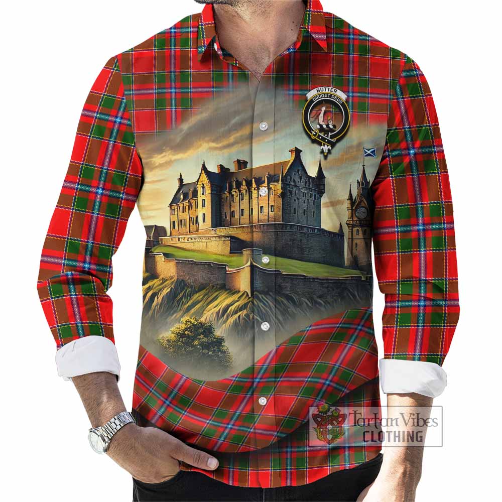 Tartan Vibes Clothing Butter Tartan Family Crest Long Sleeve Button Shirt with Scottish Ancient Castle Style
