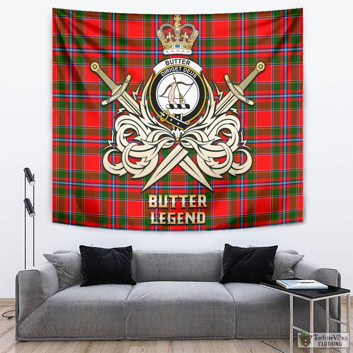 Tartan Vibes Clothing Butter Tartan Tapestry with Clan Crest and the Golden Sword of Courageous Legacy
