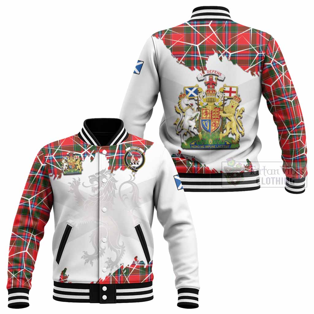 Butter Tartan Baseball Jacket with Family Crest and Lion Rampant Grunge Style