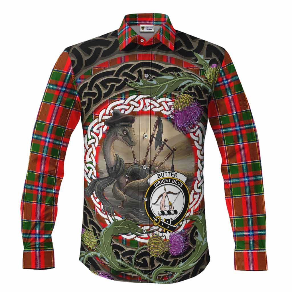 Butter Tartan Crest Bagpipe Nessie Long Sleeve Button Shirts Scottish Loch Ness Monster Celtic Thistle