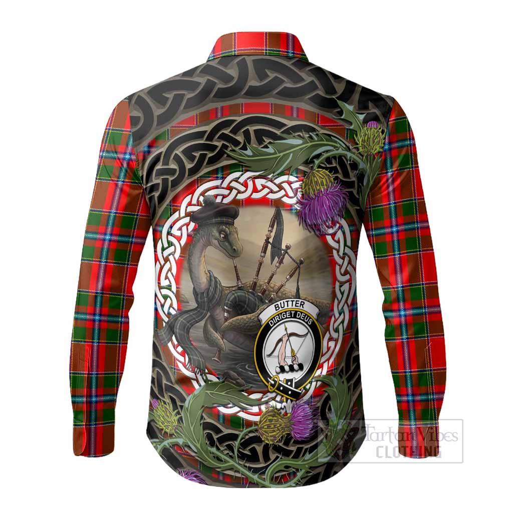 Butter Tartan Crest Bagpipe Nessie Long Sleeve Button Shirts Scottish Loch Ness Monster Celtic Thistle