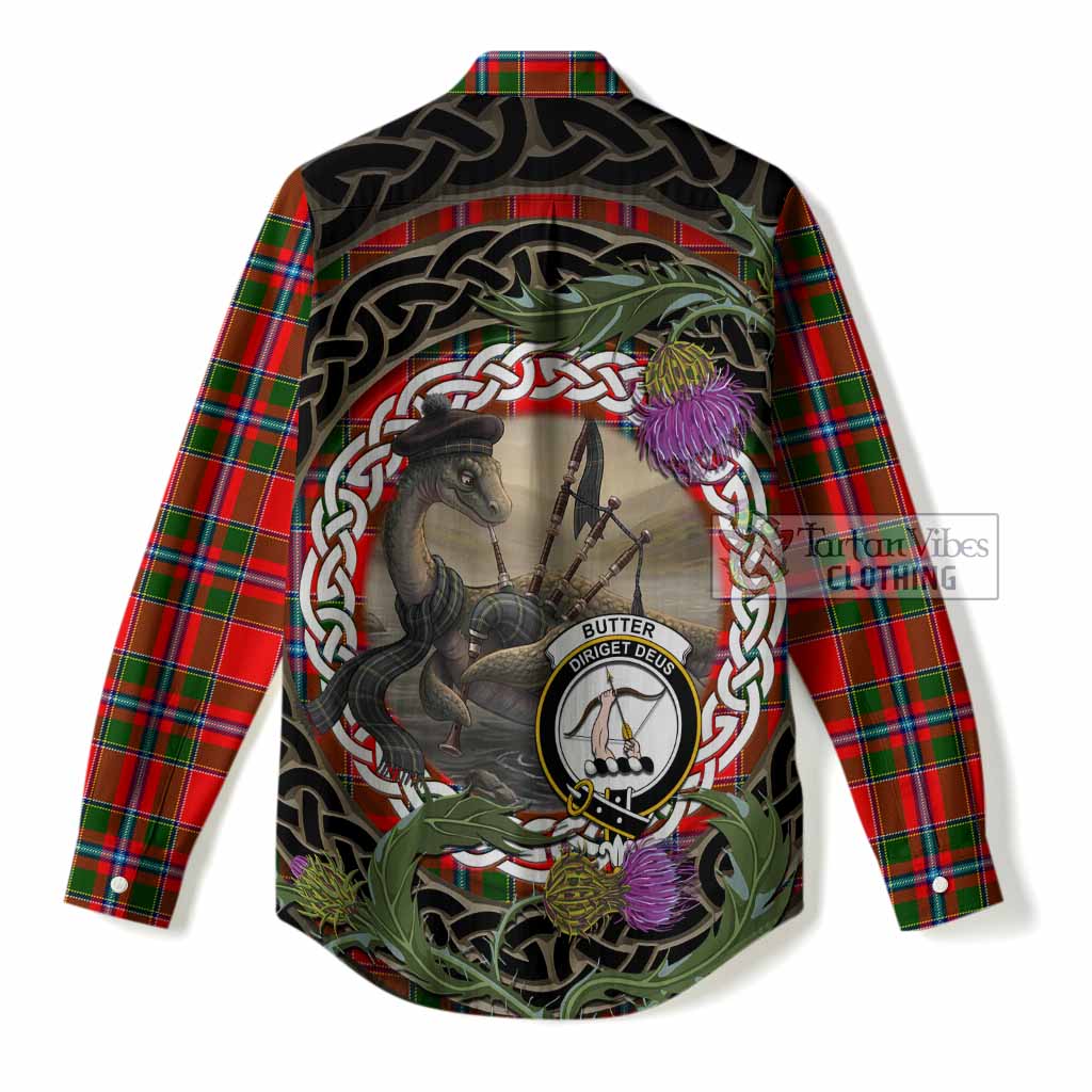 Butter Tartan Crest Bagpipe Nessie Women Casual Shirt Scottish Loch Ness Monster Celtic Thistle