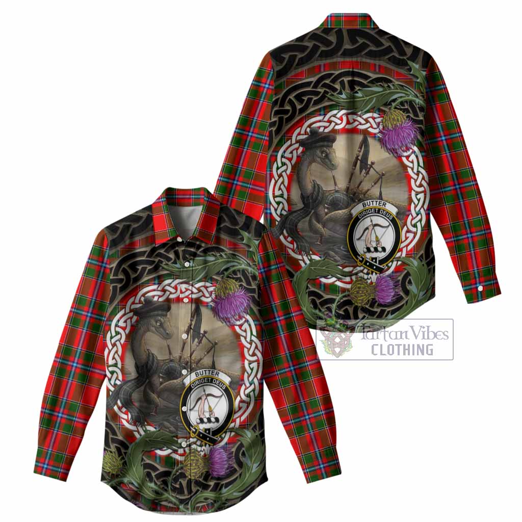 Butter Tartan Crest Bagpipe Nessie Women Casual Shirt Scottish Loch Ness Monster Celtic Thistle