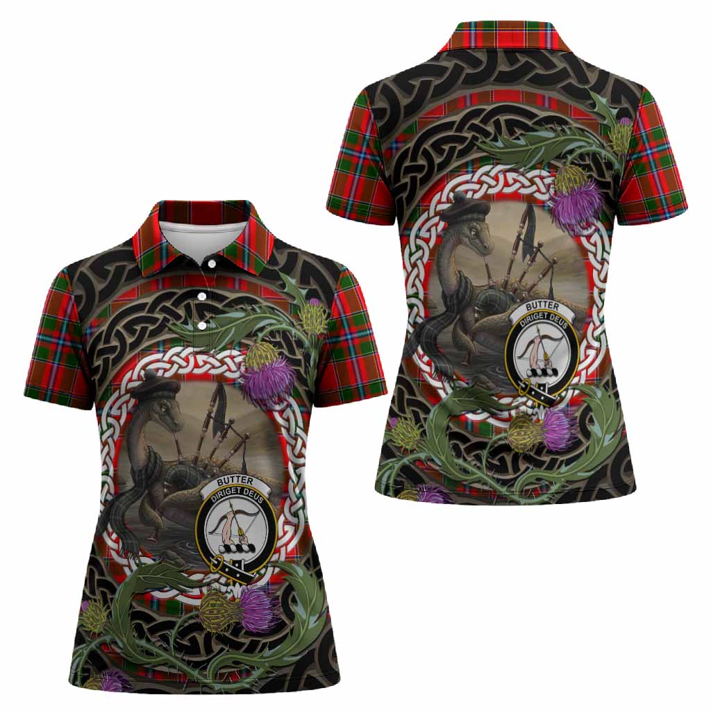 Butter Tartan Crest Bagpipe Nessie Women Polo Shirt Scottish Loch Ness Monster Celtic Thistle