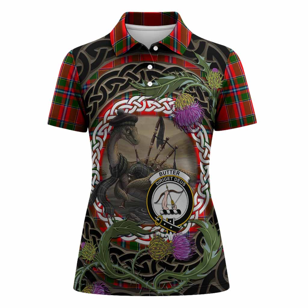 Butter Tartan Crest Bagpipe Nessie Women Polo Shirt Scottish Loch Ness Monster Celtic Thistle
