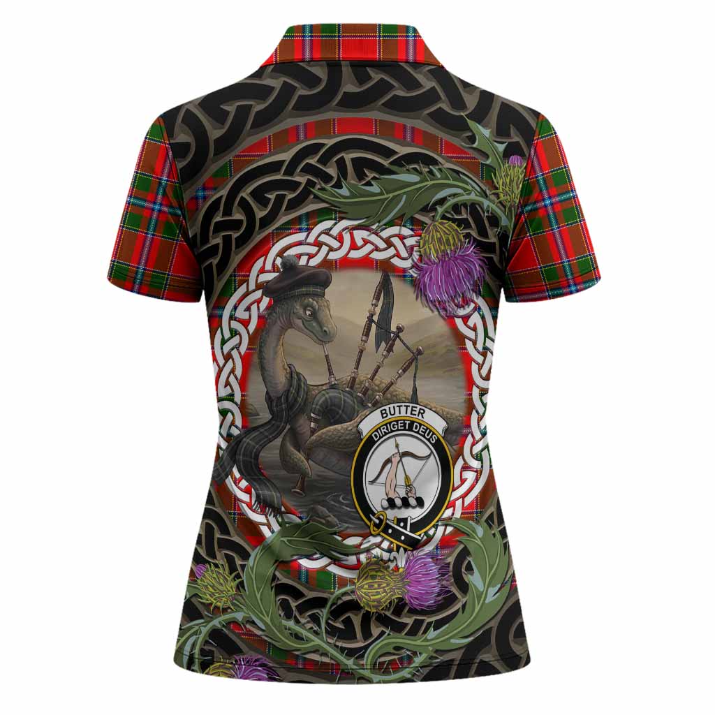 Butter Tartan Crest Bagpipe Nessie Women Polo Shirt Scottish Loch Ness Monster Celtic Thistle