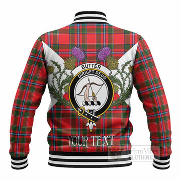 Butter Tartan Family Crest Baseball Jacket Scottish Burns Night Thistle Floral