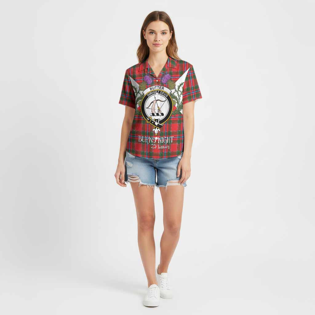 Butter Tartan Family Crest Cotton Hawaiian Shirt Scottish Burns Night Thistle Floral