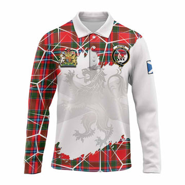 Butter Tartan Long Sleeve Polo Shirt with Family Crest and Lion Rampant Grunge Style