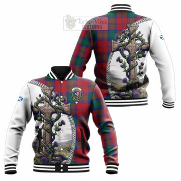 Tartan Vibes Clothing Byres (Byses) Tartan Baseball Jacket with Family Crest and St. Andrew's Cross Accented by Thistle Vines