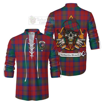 Byres (Byses) Tartan Ghillie Kilt Shirt with Family Crest and Bearded Skull Holding Bottles of Whiskey Men - Tartan Vibes Clothing