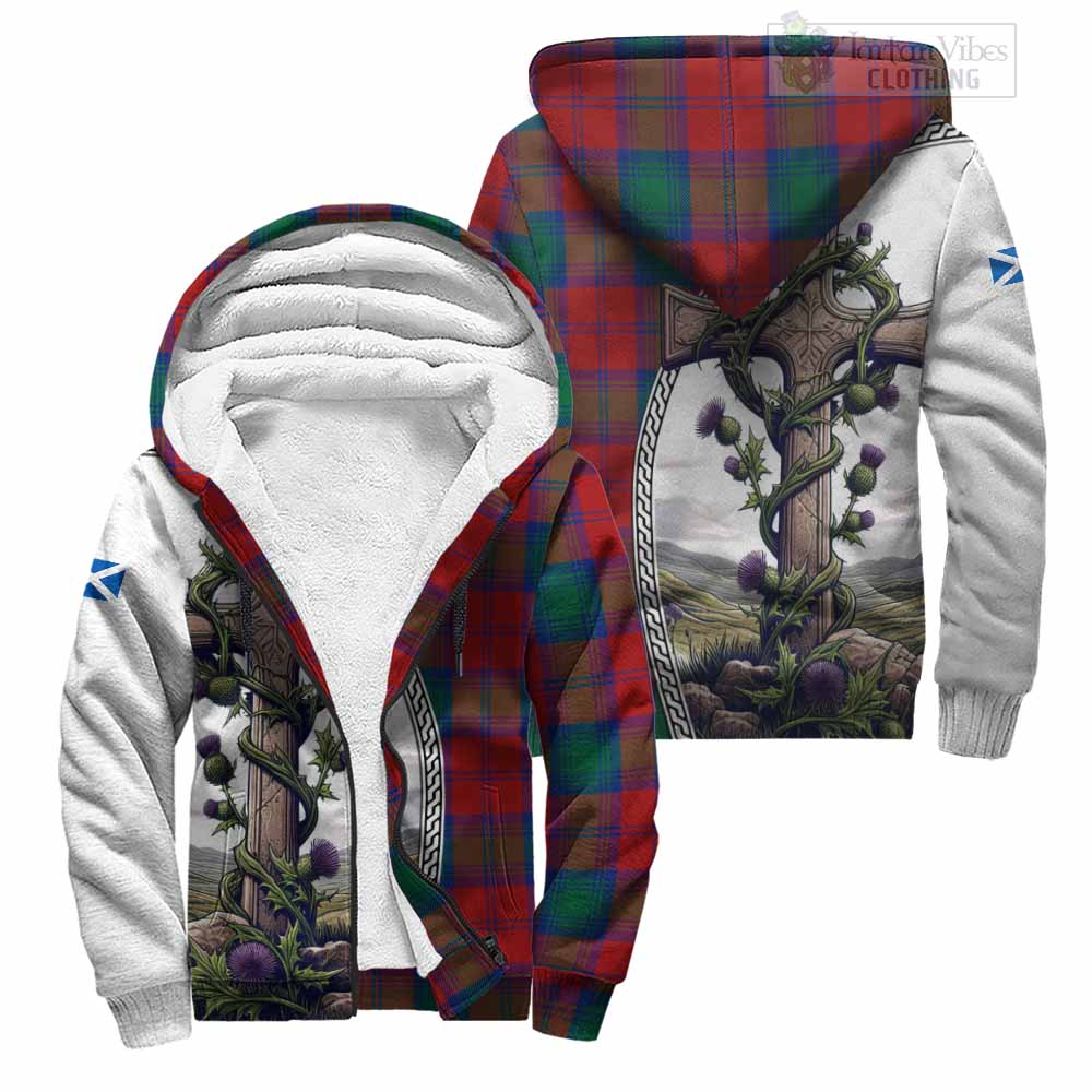 Tartan Vibes Clothing Byres (Byses) Tartan Sherpa Hoodie with Family Crest and St. Andrew's Cross Accented by Thistle Vines