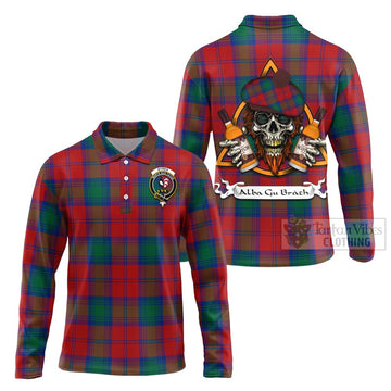 Byres (Byses) Tartan Long Sleeve Polo Shirt with Family Crest and Bearded Skull Holding Bottles of Whiskey Unisex - Tartan Vibes Clothing