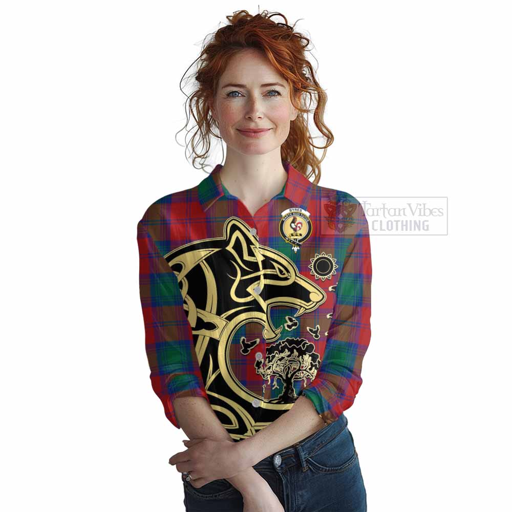Byres (Byses) Tartan Women's Casual Shirt with Family Crest Celtic Wolf Style Female - Tartan Vibes Clothing