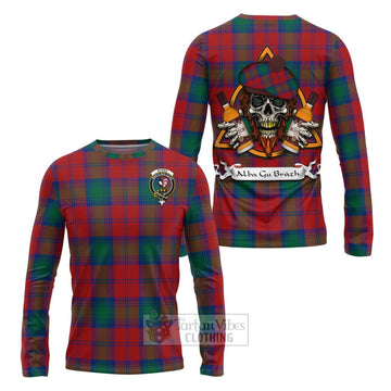 Byres (Byses) Tartan Long Sleeve T-Shirt with Family Crest and Bearded Skull Holding Bottles of Whiskey Unisex - Tartan Vibes Clothing