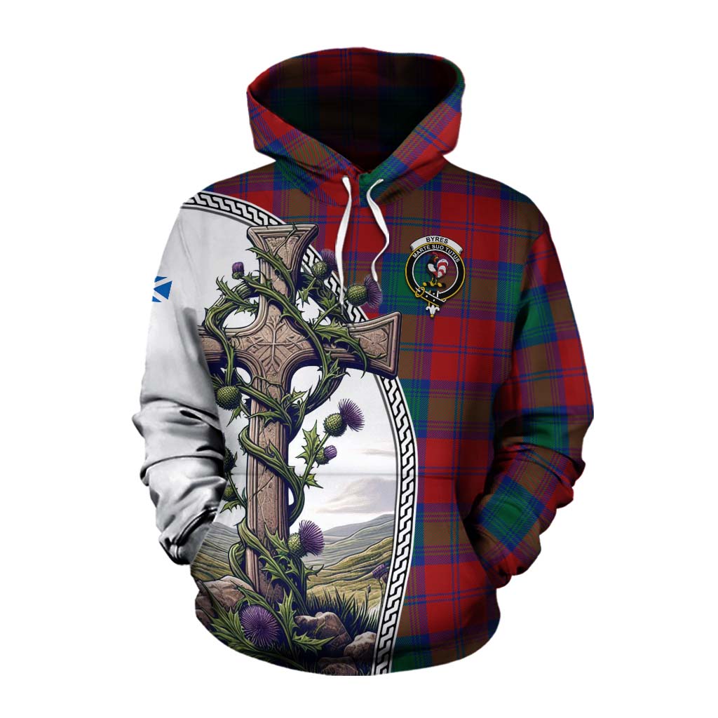 Tartan Vibes Clothing Byres (Byses) Tartan Cotton Hoodie with Family Crest and St. Andrew's Cross Accented by Thistle Vines