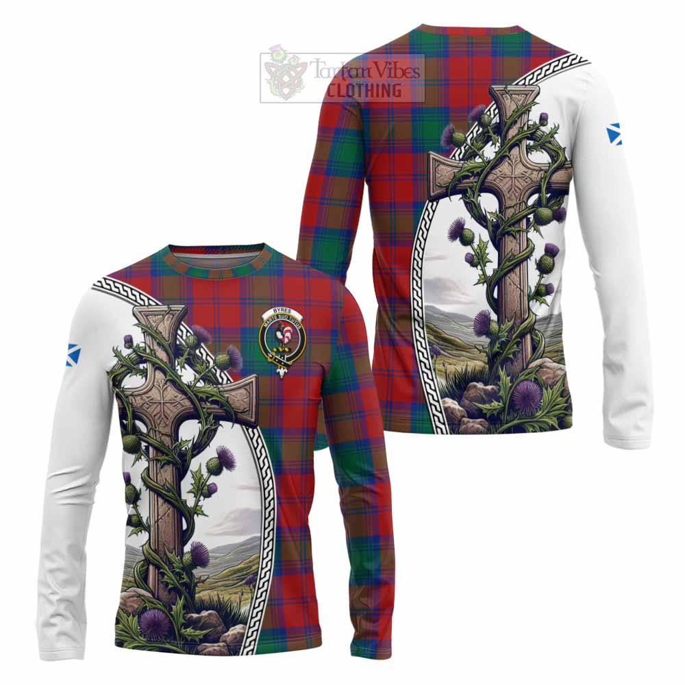 Tartan Vibes Clothing Byres (Byses) Tartan Long Sleeve T-Shirt with Family Crest and St. Andrew's Cross Accented by Thistle Vines