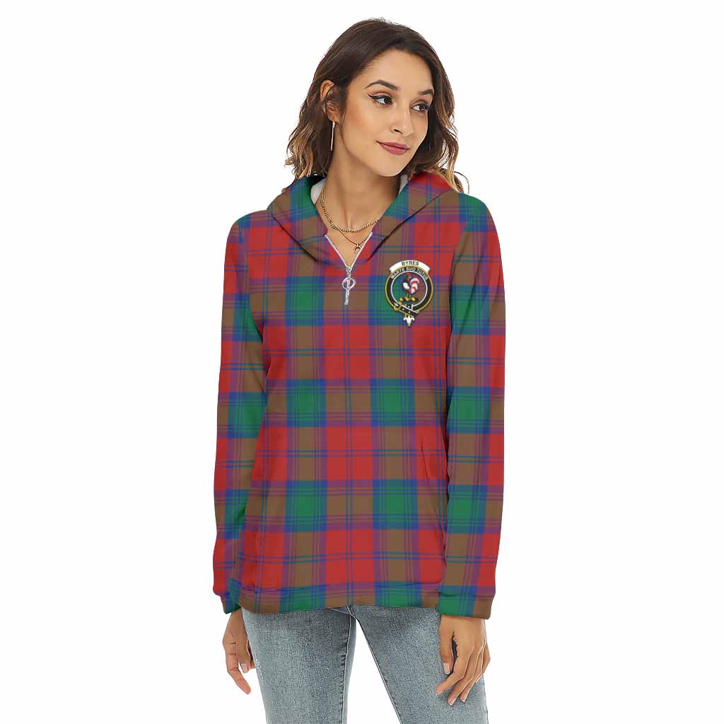 Byres (Byses) Tartan Women's Borg Fleece Hoodie with Half Zip with Family Crest Female - Tartan Vibes Clothing