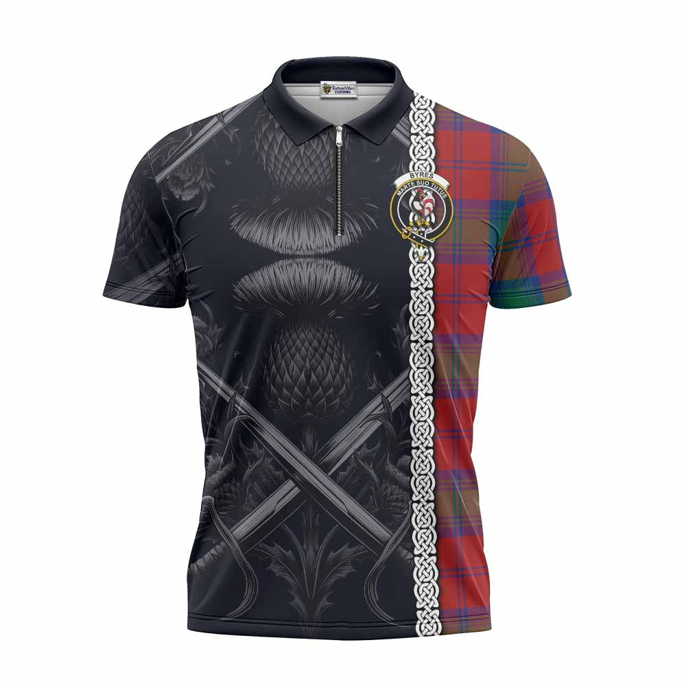 Tartan Vibes Clothing Byres (Byses) Tartan Zipper Polo Shirt with Family Crest Cross Sword Thistle Celtic Vibes