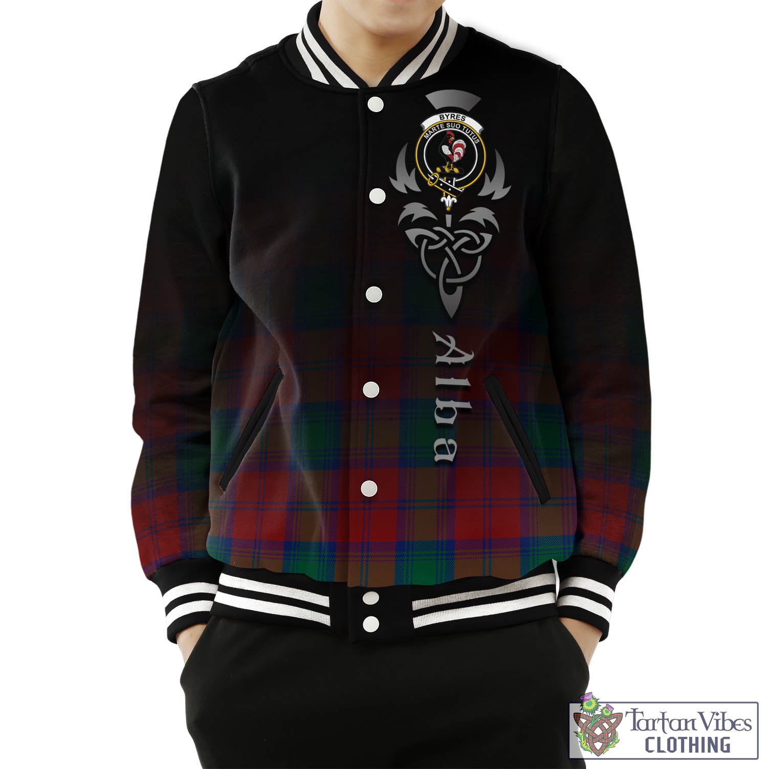 Tartan Vibes Clothing Byres (Byses) Tartan Baseball Jacket Featuring Alba Gu Brath Family Crest Celtic Inspired