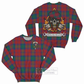Byres (Byses) Tartan Sweatshirt with Family Crest and Bearded Skull Holding Bottles of Whiskey Unisex - Tartan Vibes Clothing