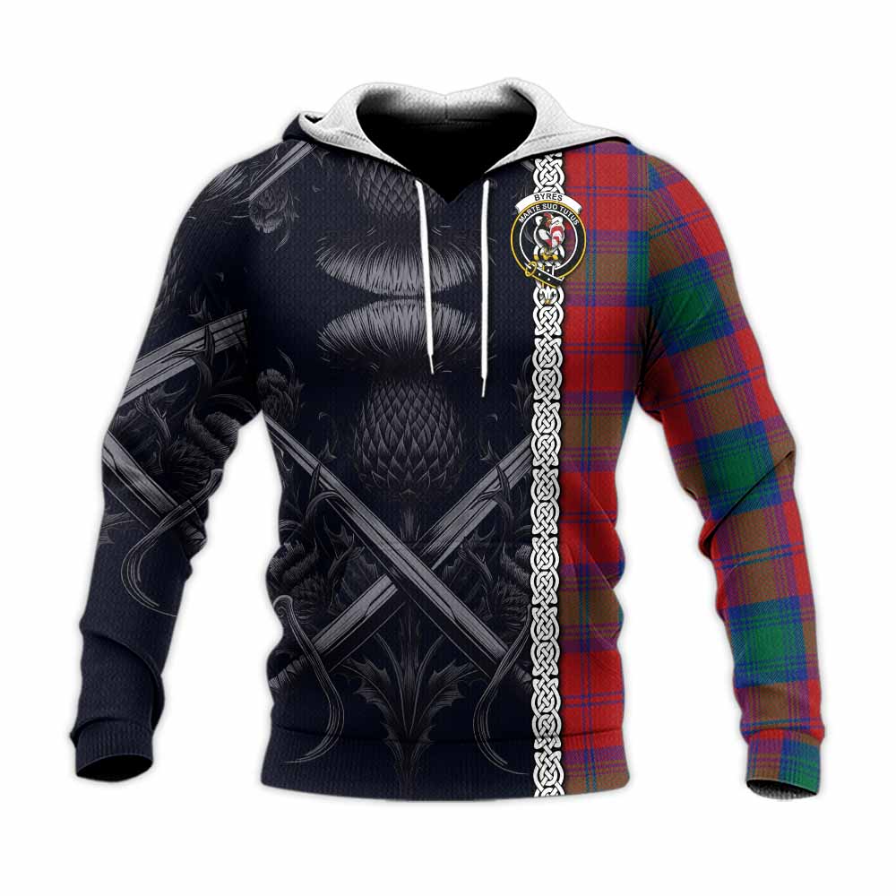 Tartan Vibes Clothing Byres (Byses) Tartan Knitted Hoodie with Family Crest Cross Sword Thistle Celtic Vibes