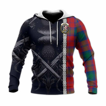 Tartan Vibes Clothing Byres (Byses) Tartan Knitted Hoodie with Family Crest Cross Sword Thistle Celtic Vibes