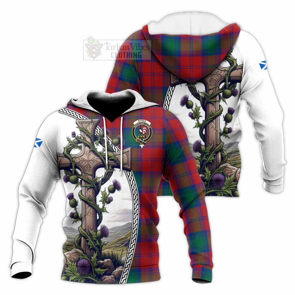 Tartan Vibes Clothing Byres (Byses) Tartan Knitted Hoodie with Family Crest and St. Andrew's Cross Accented by Thistle Vines