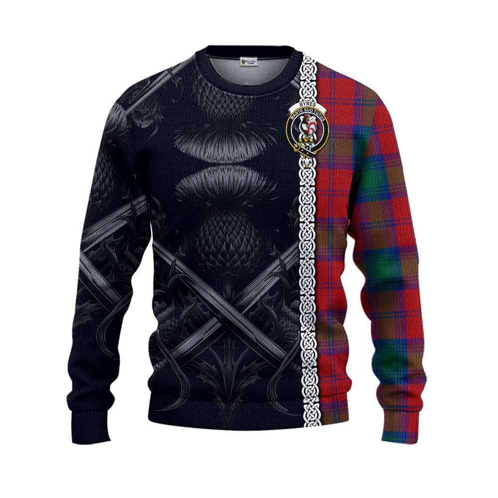 Tartan Vibes Clothing Byres (Byses) Tartan Knitted Sweater with Family Crest Cross Sword Thistle Celtic Vibes