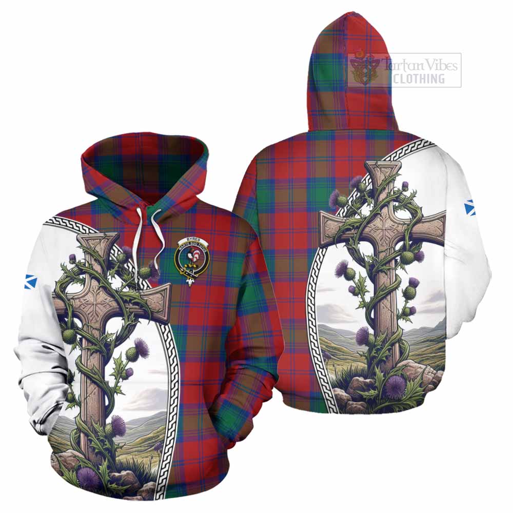 Tartan Vibes Clothing Byres (Byses) Tartan Hoodie with Family Crest and St. Andrew's Cross Accented by Thistle Vines