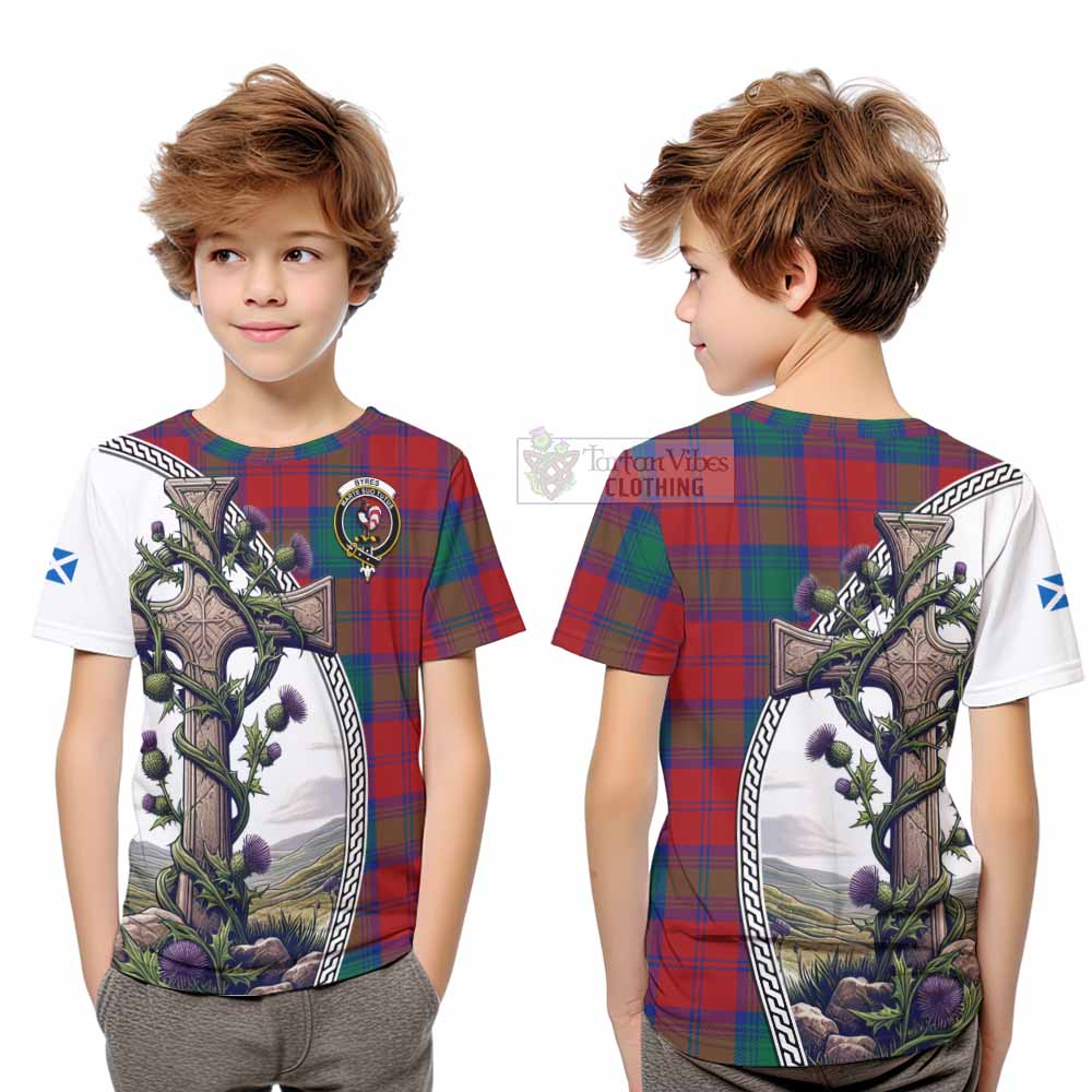 Tartan Vibes Clothing Byres (Byses) Tartan Kid T-Shirt with Family Crest and St. Andrew's Cross Accented by Thistle Vines
