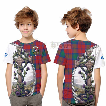 Tartan Vibes Clothing Byres (Byses) Tartan Kid T-Shirt with Family Crest and St. Andrew's Cross Accented by Thistle Vines
