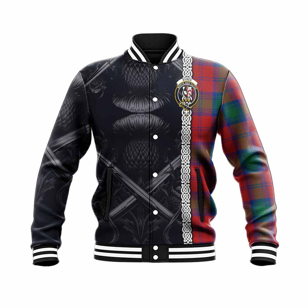 Byres (Byses) Tartan Baseball Jacket with Family Crest Cross Sword Thistle Celtic Vibes Unisex - Tartan Vibes Clothing