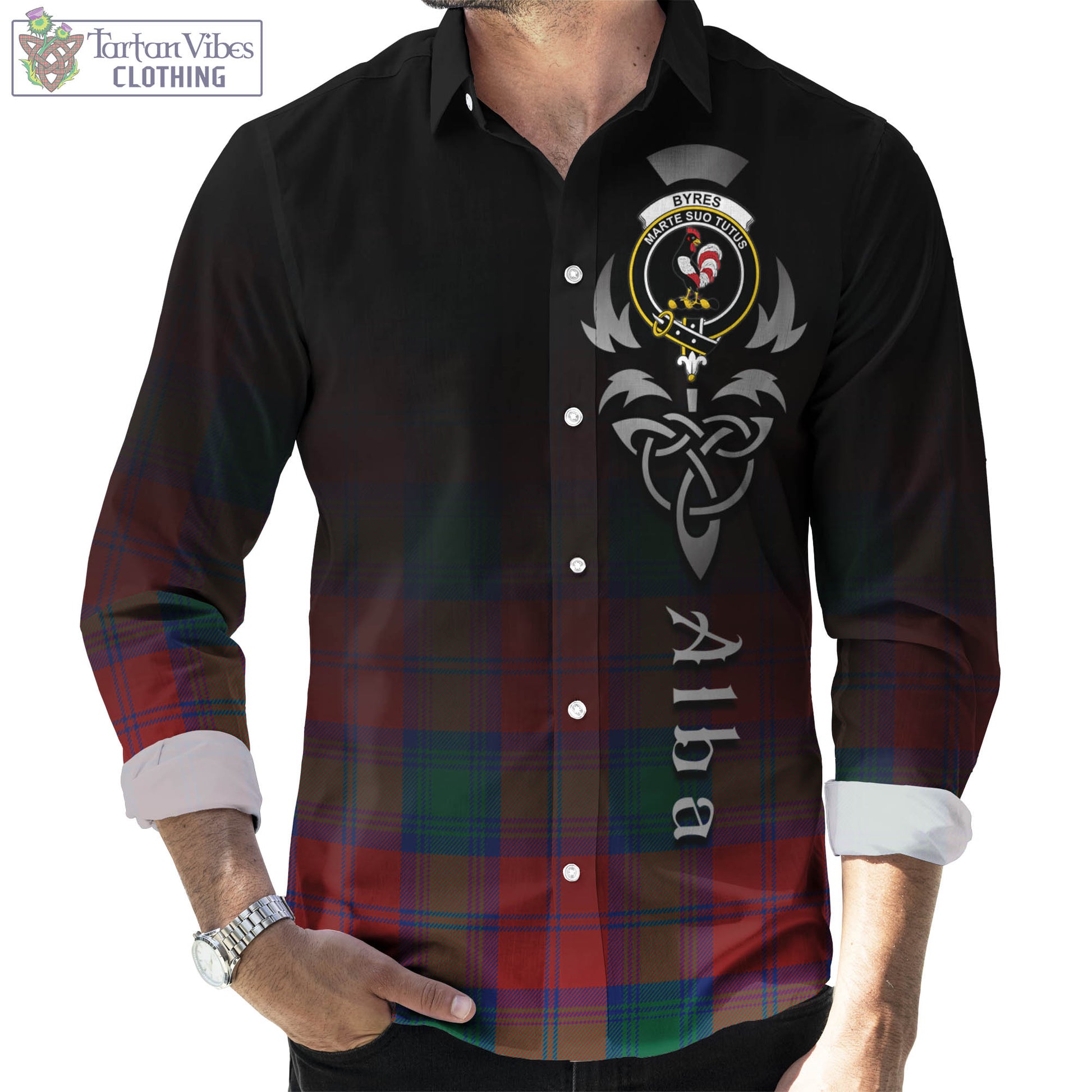 Tartan Vibes Clothing Byres (Byses) Tartan Long Sleeve Button Up Featuring Alba Gu Brath Family Crest Celtic Inspired