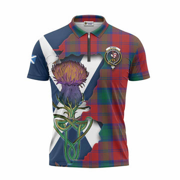 Tartan Vibes Clothing Byres (Byses) Tartan Family Crest Zipper Polo Shirt Scottish Thistle Celtic Inspired